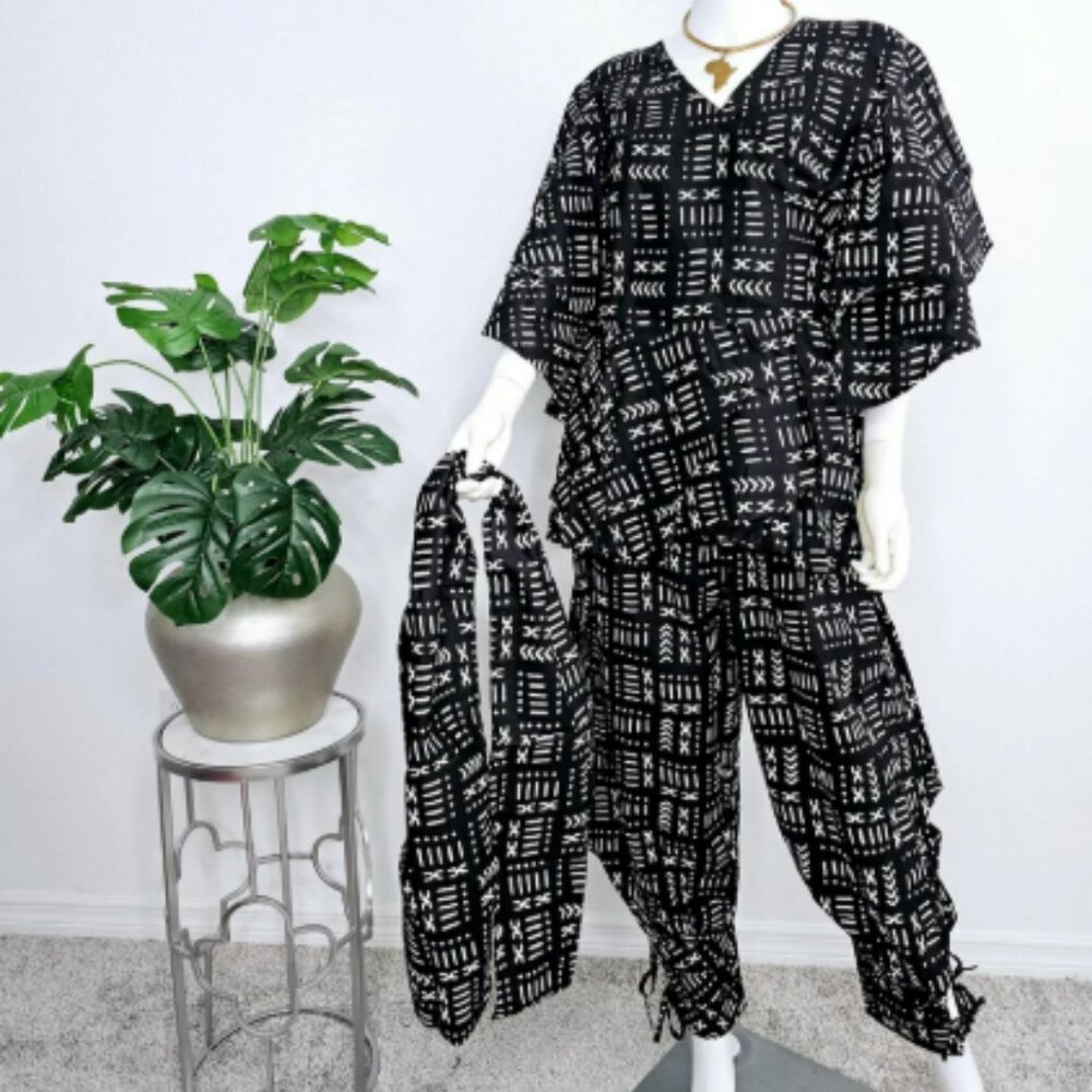 African Print Harem Pants Set / Wrap Blouse Ruffle Sleeves / Headwrap 3 Piece Se